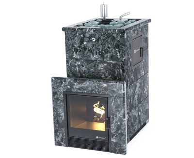 Фото Печь для русской бани Геленджик М2 в трёхстороннем кожухе (пироксенит) с открытым верхом в магазине Woodson