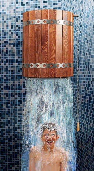 Обливное устройство для бани "Ливень" ПРО мини (+ деревянное обрамление "сосна")